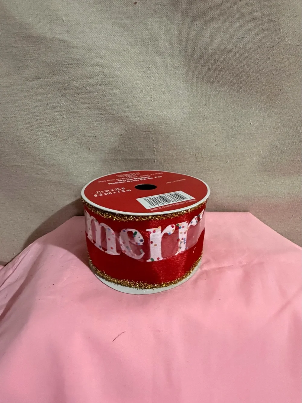 Celebrate It Red 'Merry' Ribbon Roll with White Lettering and Gold Trim